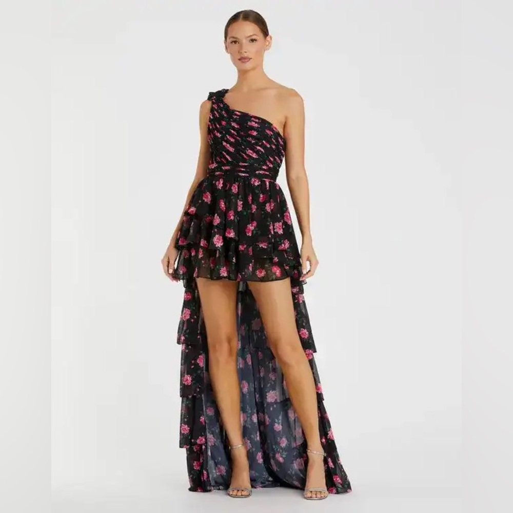 NWT Mac Duggal One Shoulder Ruffled Rose Print Layered High-Low Dress